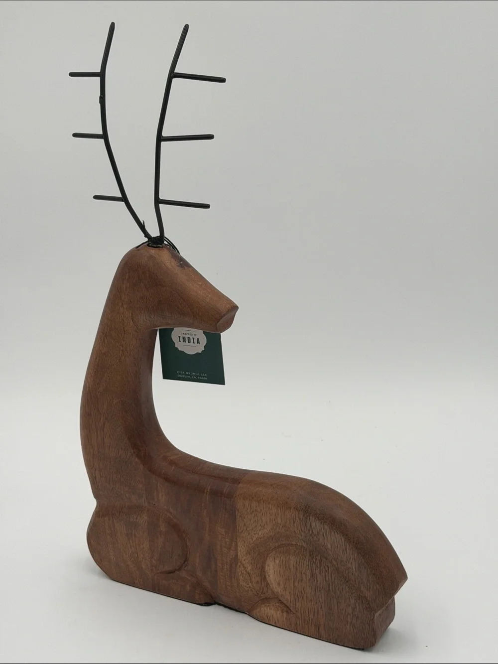 Wooden Deer Figurine with Metal Antlers - Brown